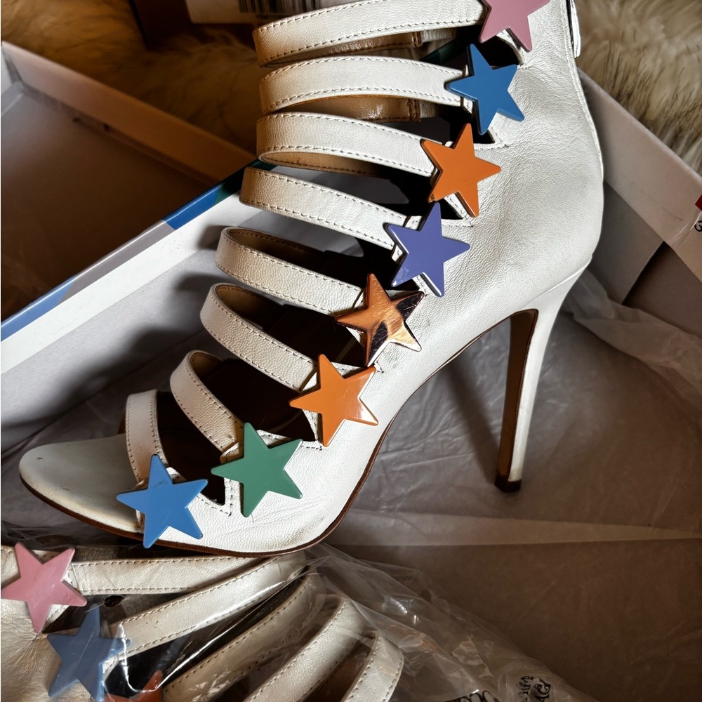 🥰KATEY PERRY White Strappy Napa leather Stiletto Heels💋